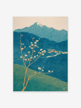 Japanese Wall Art showing a plum blossom tree, snow-capped mountain, and village in a traditional woodblock print style.