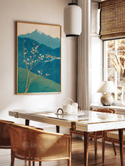 Japanese Wall Art showing a plum blossom tree, snow-capped mountain, and village in a traditional woodblock print style. - Image 2