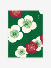 Japanese plum blossom wall art with white and red flowers on a green background, featuring traditional Asian floral design.