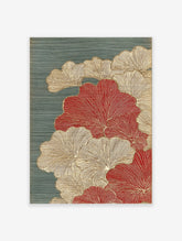 Japanese botanical art print with red and gold ginkgo leaves on a textured teal background, featuring fine line details.