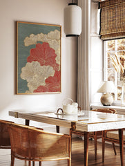 Japanese botanical art print with red and gold ginkgo leaves on a textured teal background, featuring fine line details. - Image 2