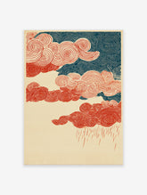 Japanese Ukiyo-e style art print featuring red swirling clouds, dark blue sky patterns, and red rain on a cream background.