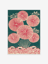 Traditional Japanese wall art print with red circular botanical patterns and waves on a dark teal background.