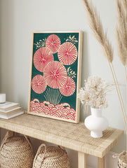 Traditional Japanese wall art print with red circular botanical patterns and waves on a dark teal background. - Image 3