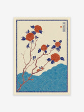 Japanese botanical wall art print with red camellia flowers on branches over blue ukiyo-e style waves on a cream background.