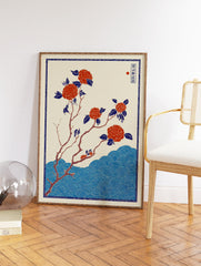 Japanese botanical wall art print with red camellia flowers on branches over blue ukiyo-e style waves on a cream background. - Image 2