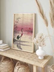 Japanese wall art print of a red-crowned crane in water with bamboo and a pink sunset. - Image 3