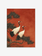 Japanese Wall Art print with two white red-crowned cranes on a pine branch against a textured red background.
