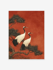 Japanese Wall Art print with two white red-crowned cranes on a pine branch against a textured red background.