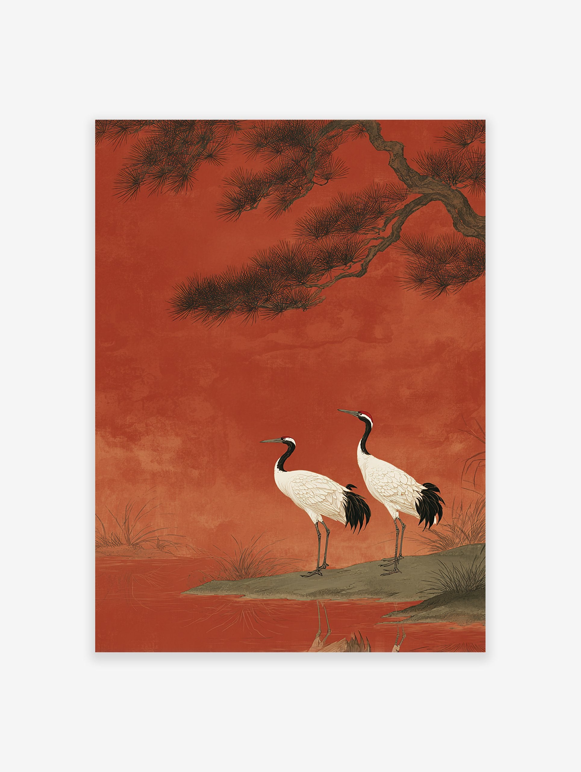 Japanese wall art print featuring two red-crowned cranes on a bank with a pine tree against a rich red background.