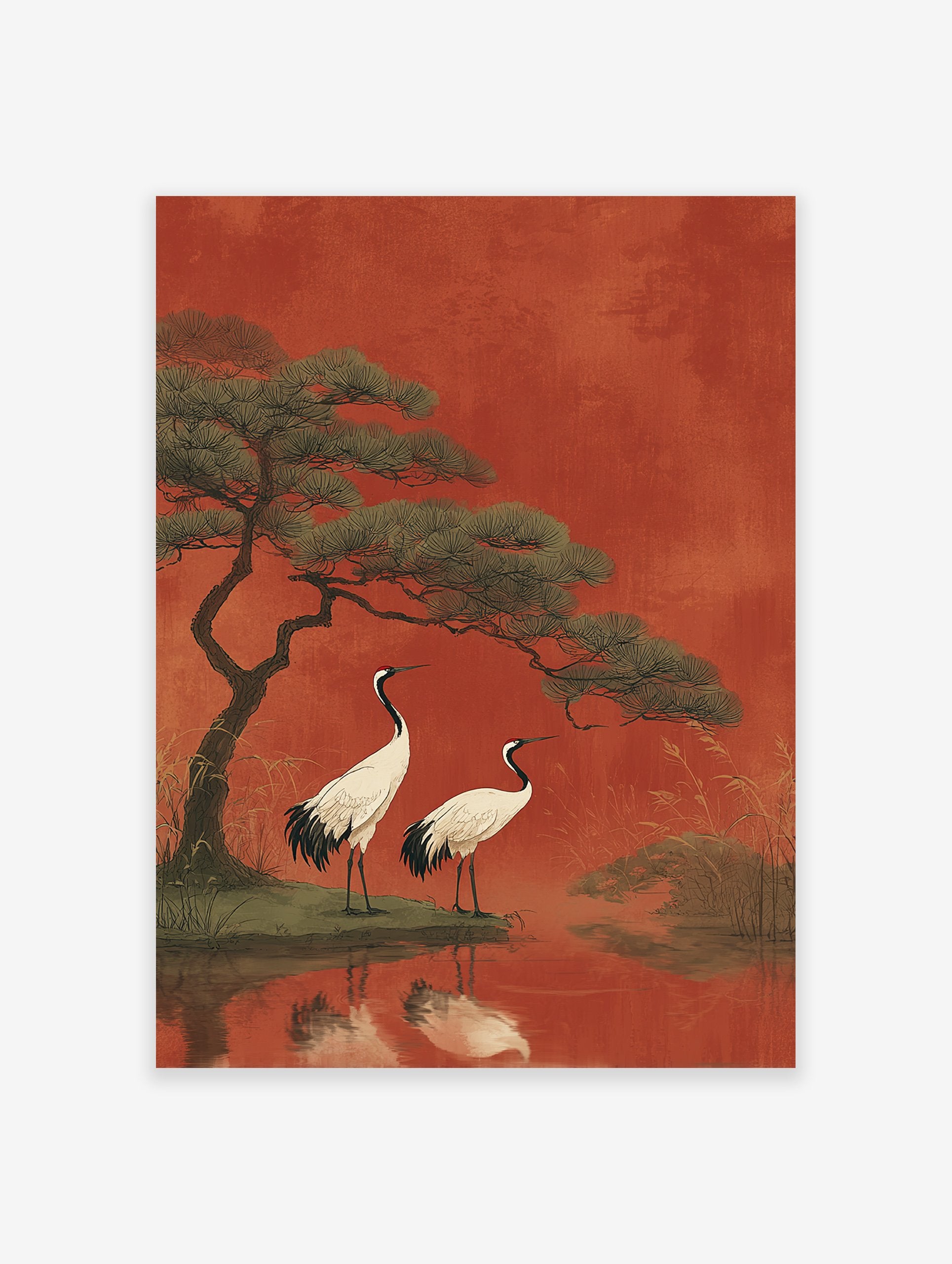Japanese wall art print depicting two red-crowned cranes by water with a pine tree against a textured red background.