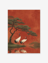 Japanese wall art print depicting two red-crowned cranes by water with a pine tree against a textured red background.