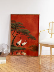 Japanese wall art print depicting two red-crowned cranes by water with a pine tree against a textured red background. - Image 2