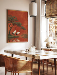 Japanese wall art print depicting two red-crowned cranes by water with a pine tree against a textured red background. - Image 3
