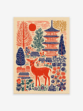 Japanese wall art print featuring a red deer, blue pagodas, red sun, and folk art trees and flowers on a cream background.