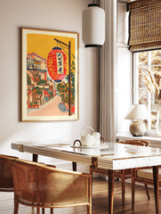 Illustrative Japanese street scene wall art with a large red lantern, traditional buildings, and green foliage under an orange sky. - Image 2