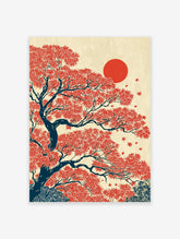 Japanese wall art print depicting a vibrant red maple tree with dark blue branches and a large red sun on a cream background.