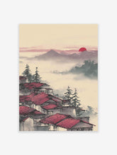 Japanese Wall Art print of red roof houses in misty mountains with pine trees and a red sun in the sky.