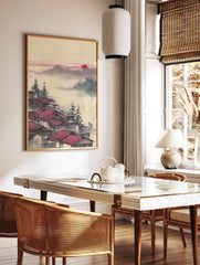 Japanese Wall Art print of red roof houses in misty mountains with pine trees and a red sun in the sky. - Image 2