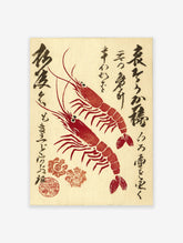 Vintage Japanese wall art print featuring two red shrimp and black calligraphy on a cream background with red seal.