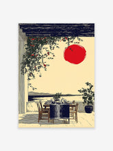 Japanese wall art print of an outdoor dining patio with a red sun, dark pergola, green vines, and ocean view.