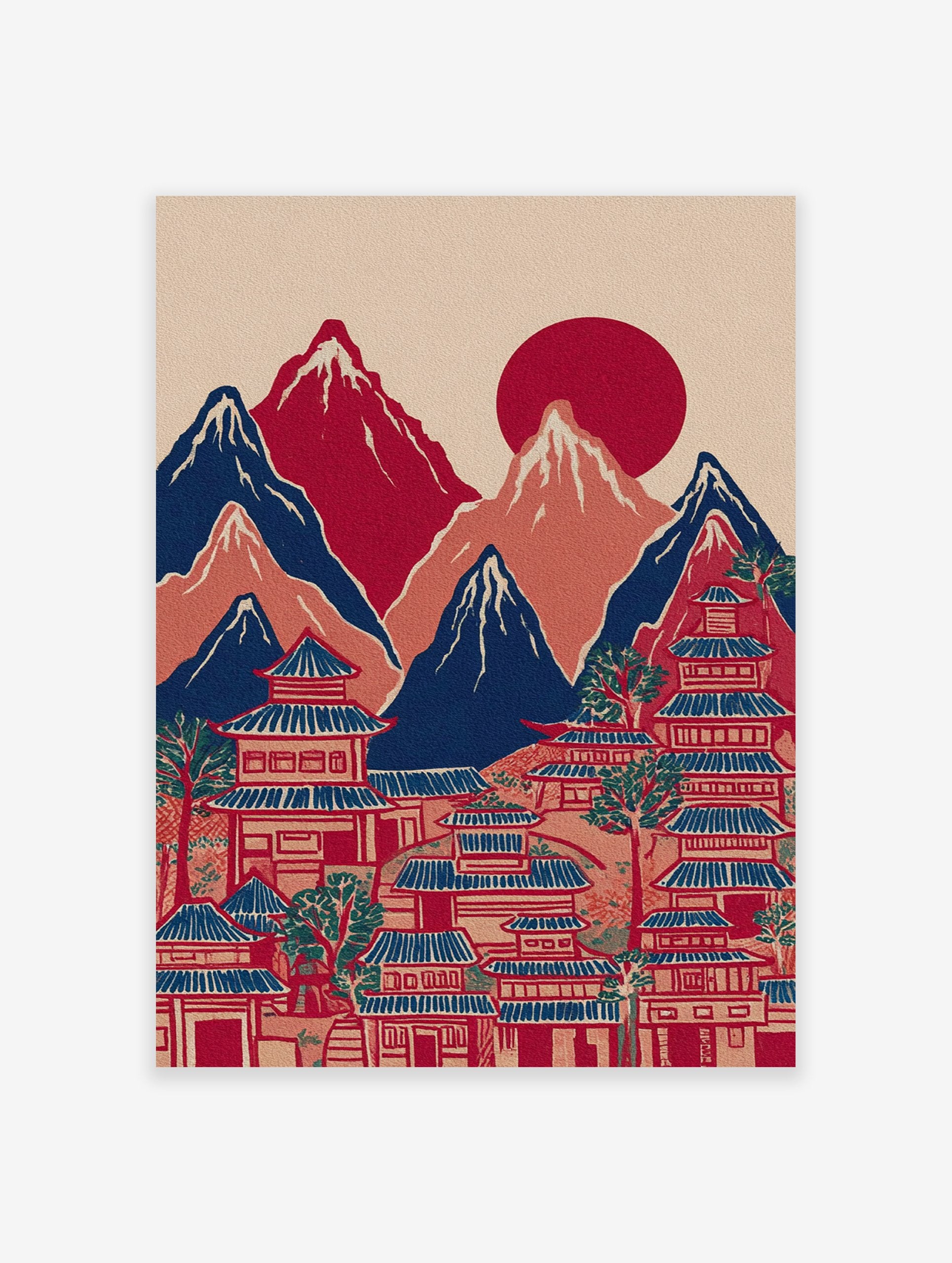 Japanese landscape wall art with red sun, blue mountains, and traditional pagoda village in an illustrative style.