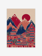 Japanese landscape wall art with red sun, blue mountains, and traditional pagoda village in an illustrative style.