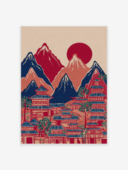 Japanese landscape wall art with red sun, blue mountains, and traditional pagoda village in an illustrative style.