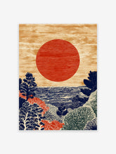 Japanese Wall Art of a red sun over a textured blue ocean and dark foliage in a woodcut illustration style.