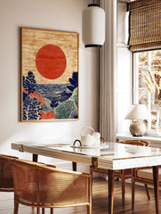 Japanese Wall Art of a red sun over a textured blue ocean and dark foliage in a woodcut illustration style. - Image 3