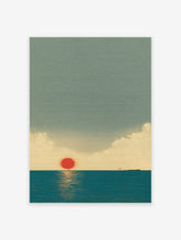 Japanese Wall Art print of a minimalist red sun setting over a calm blue ocean, with subtle clouds and a distant boat.