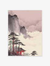 Japanese sumi-e style wall art print of a red temple, pine trees, and misty mountains on a pale background.