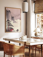 Japanese sumi-e style wall art print of a red temple, pine trees, and misty mountains on a pale background. - Image 2