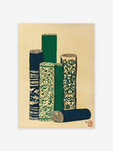 Japanese wall art print depicting several rolled textiles or scrolls with green, blue, and cream patterns on a textured background.