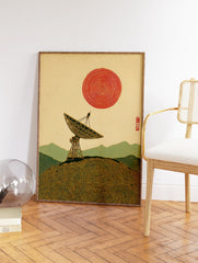 Japanese Wall Art print of a satellite dish on a hill with swirling patterns, mountains, and a red spiral sun in ukiyo-e style. - Image 2