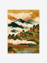 Japanese wall art print of a steam train in a mountainous landscape with a village, river, and clouds in traditional Asian style.