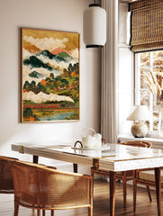 Japanese wall art print of a steam train in a mountainous landscape with a village, river, and clouds in traditional Asian style. - Image 2