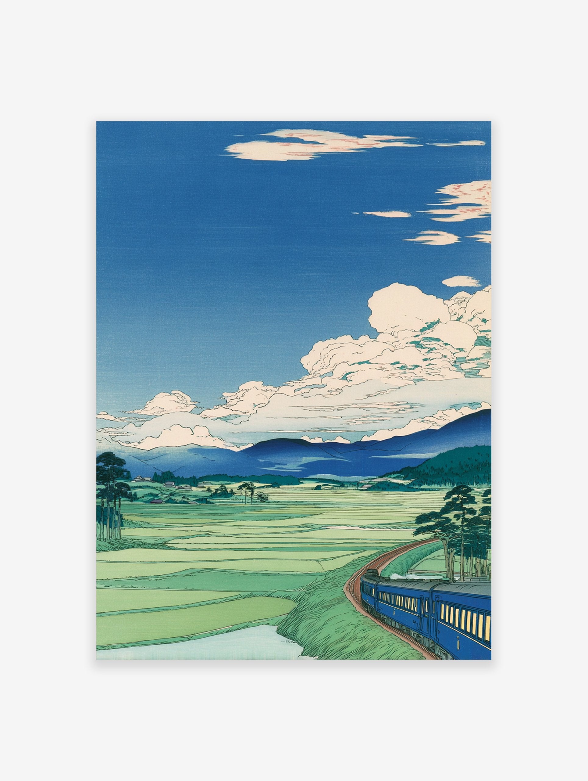 Japanese landscape wall art print with a blue train, green rice fields, mountains, and white clouds in a blue sky.