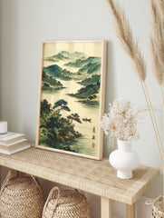 Traditional Japanese landscape painting with misty green mountains, a serene lake, pine trees, a boat, and a distant village. - Image 3