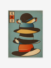 Japanese wall art print with a stack of colorful hats, abstract birds, and Japanese characters on a blue background.