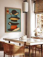Japanese wall art print with a stack of colorful hats, abstract birds, and Japanese characters on a blue background. - Image 2