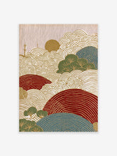 Stylized Japanese landscape wall art print with gold wave patterns, red and blue hills, green trees, and a golden sun.