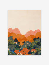 Stylized Japanese wall art print depicting orange mountains, green forest, and trees with intricate swirling patterns.