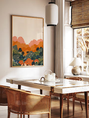 Stylized Japanese wall art print depicting orange mountains, green forest, and trees with intricate swirling patterns. - Image 2