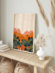 Stylized Japanese wall art print depicting orange mountains, green forest, and trees with intricate swirling patterns. - Image 3