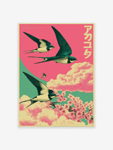Japanese wall art poster depicting swallows flying over pink clouds and cherry blossoms with teal background.