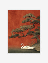 Japanese Wall Art print of two elegant white swans by a pine tree against a rich red background in Ukiyo-e style.