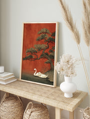 Japanese Wall Art print of two elegant white swans by a pine tree against a rich red background in Ukiyo-e style. - Image 3