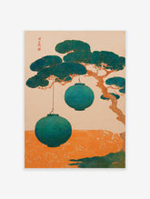Japanese woodblock print featuring two teal lanterns hanging from a pine tree with an orange background, traditional Japanese wall art.