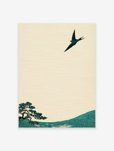 Japanese swallow and pine tree art print in traditional style with teal and cream colors on textured paper.